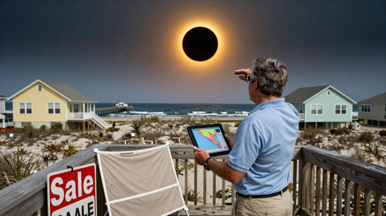 Homem observa eclipse solar com óculos especiais numa varanda junto à praia, segurando tablet.