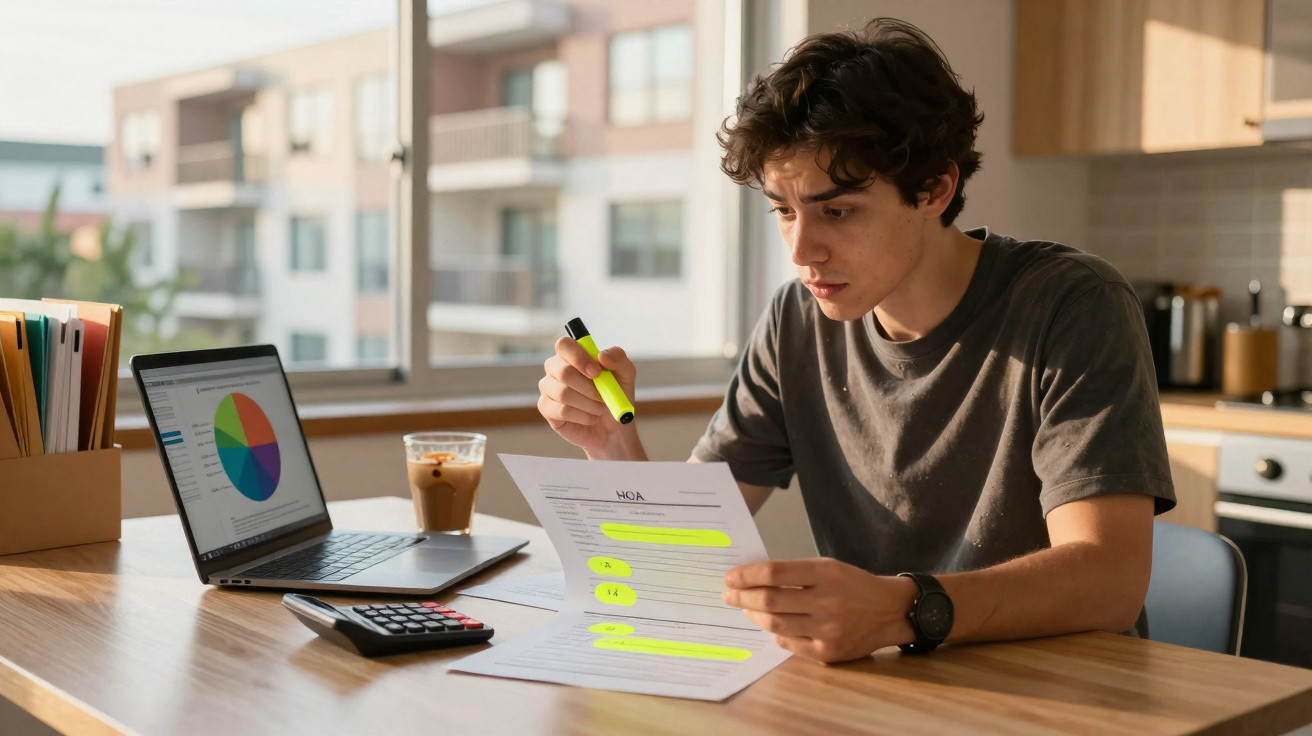 Jovem a analisar documentos e sublinhar informações importantes em casa, com computador e calculadora na mesa.