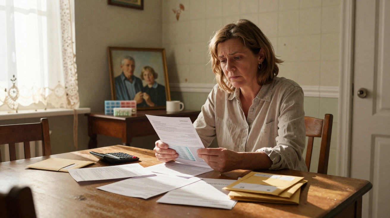 Mulher preocupada a ler documentos sentada à mesa rodeada de papéis e envelopes numa sala iluminada.