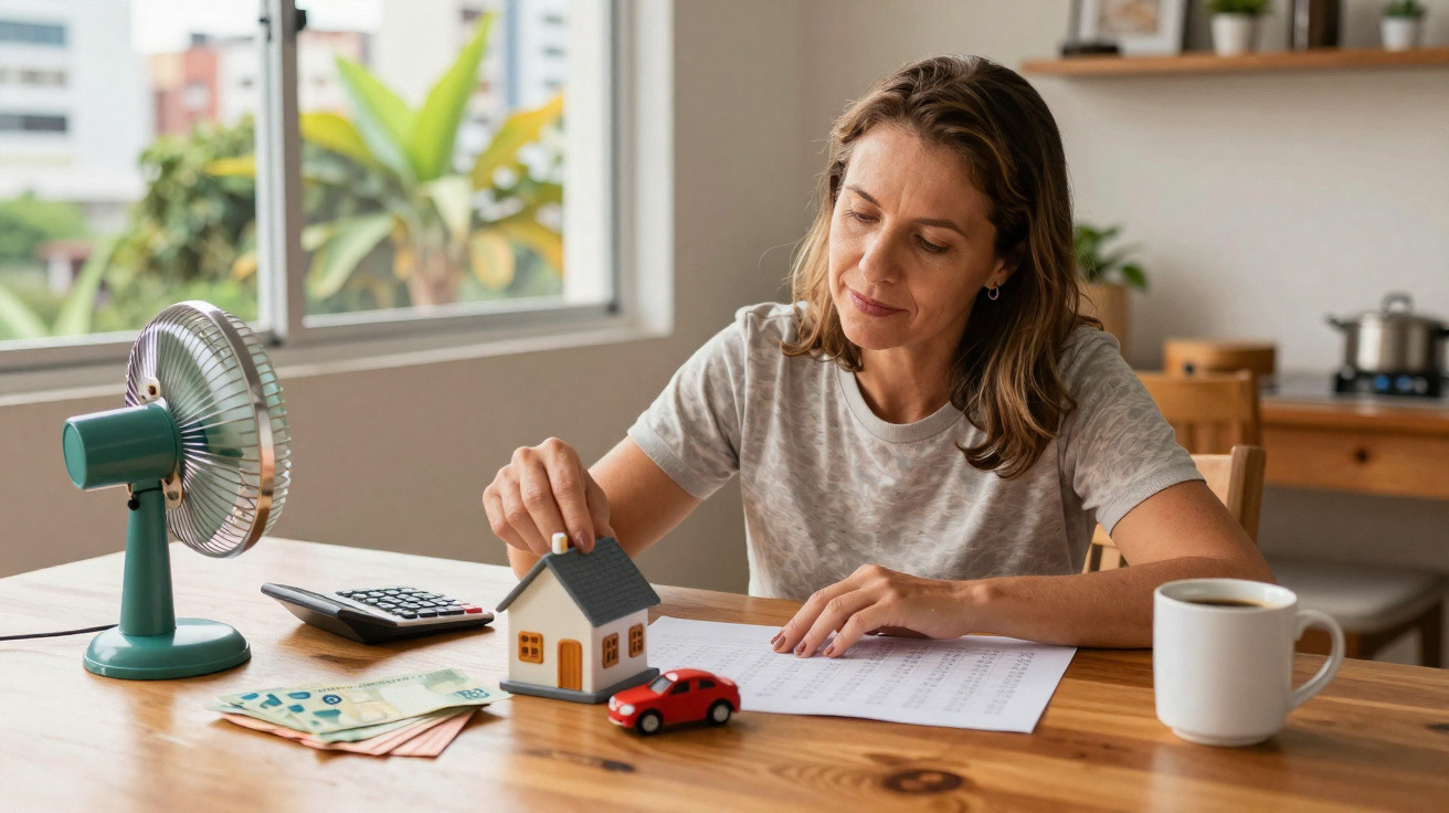 Mulher a calcular finanças domésticas, com miniaturas de casa e carro numa mesa com documentos e dinheiro.