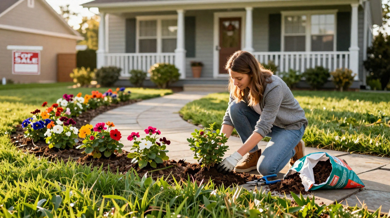 Mulher a plantar flores coloridas no jardim de uma casa com placa de venda no fundo.