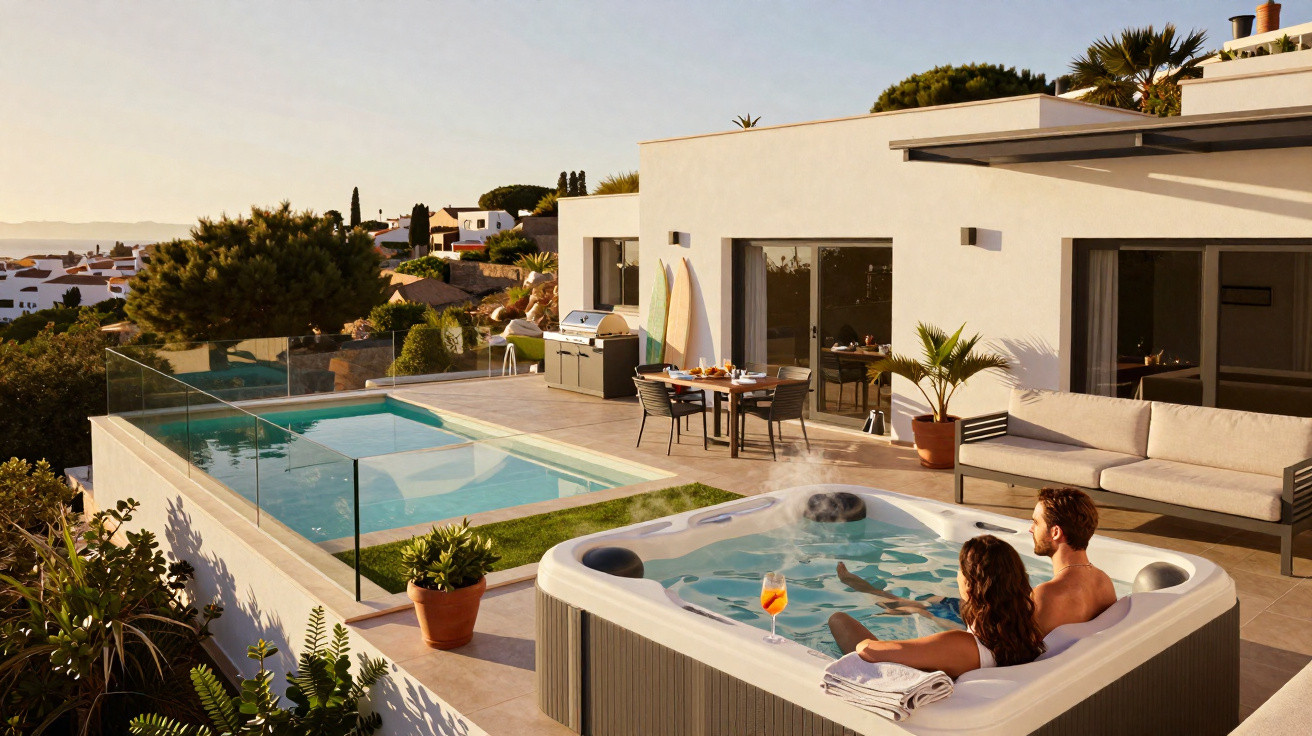 Casal relaxa numa banheira de hidromassagem num terraço com piscina e vista para casas e natureza ao pôr do sol.