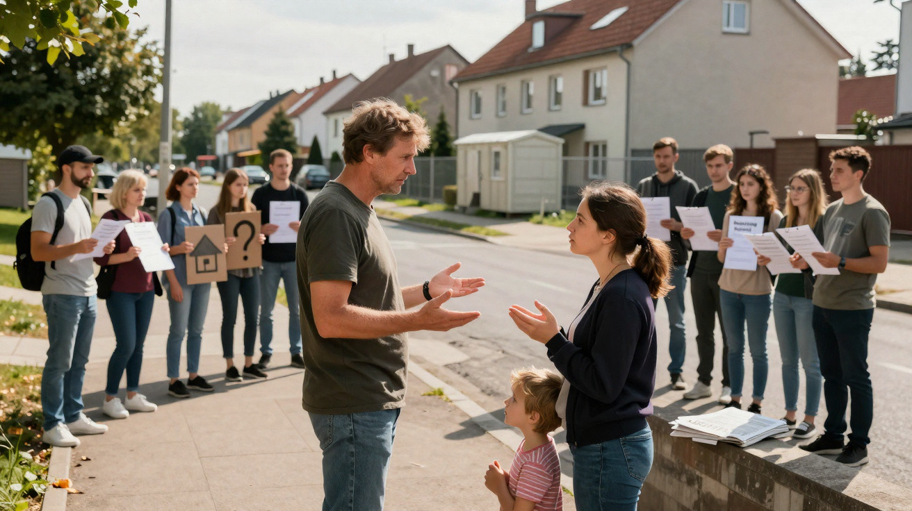 Vizinhos em protesto discutem na rua, com um casal e uma criança em conversa em primeiro plano.