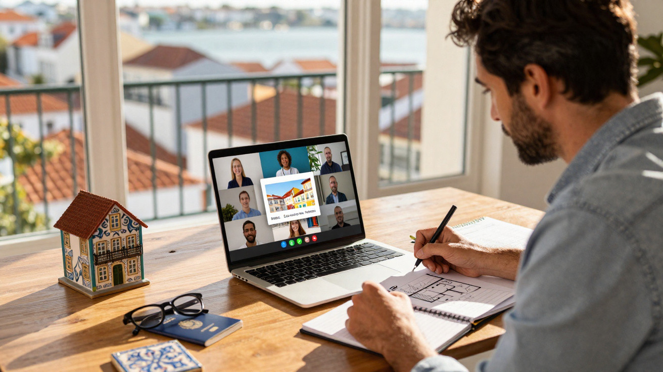 Homem a desenhar plantas enquanto participa numa reunião virtual sobre arquitetura.