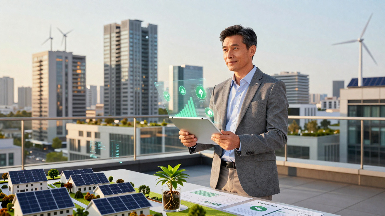 Homem de negócios com tablet analisa energia sustentável numa cidade com painéis solares e turbinas eólicas ao fundo.