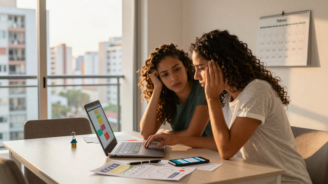 Duas mulheres sentadas numa mesa a olhar para um portátil com documentos e telemóvel espalhados à volta.