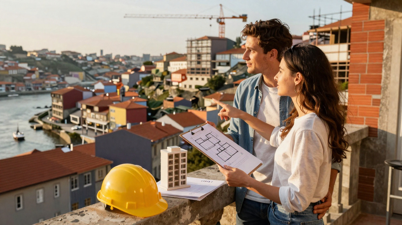 Casal jovem a analisar planta de construção com vista para rio e cidade em obra.