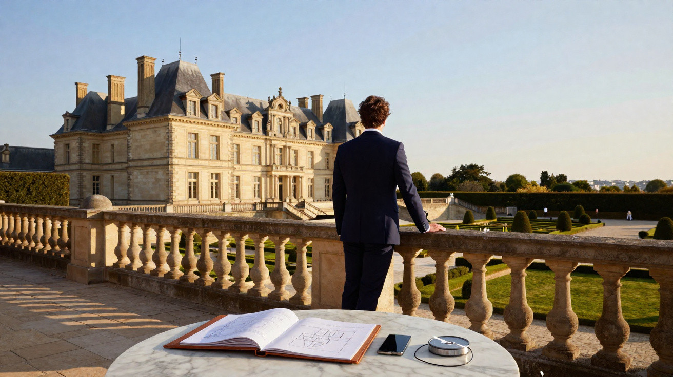 Homem de fato observa palácio histórico e jardins desde varanda com mesa e objetos pessoais em primeiro plano.