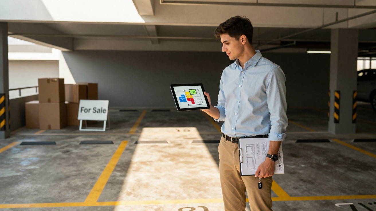 Homem com prancheta e tablet numa garagem, junto a placa "For Sale" e caixas empilhadas.