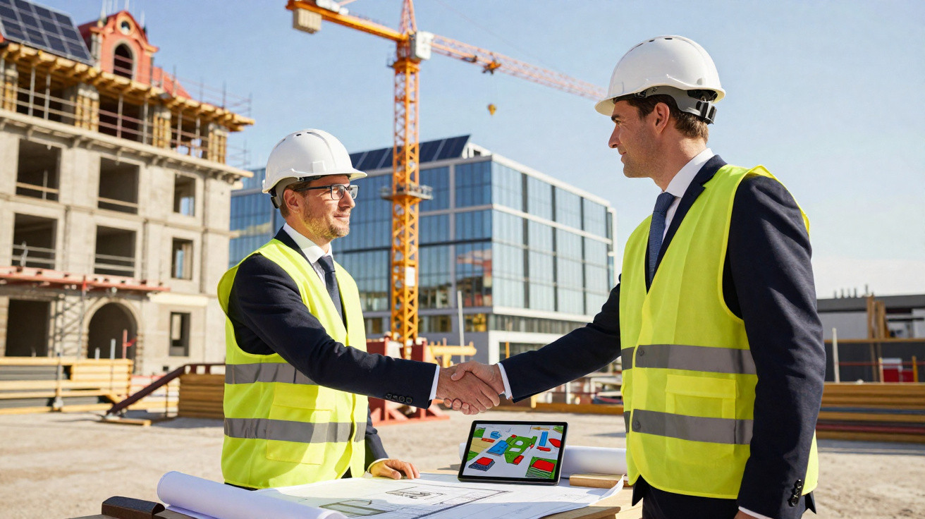 Dois engenheiros com coletes e capacetes apertam as mãos num estaleiro de construção.