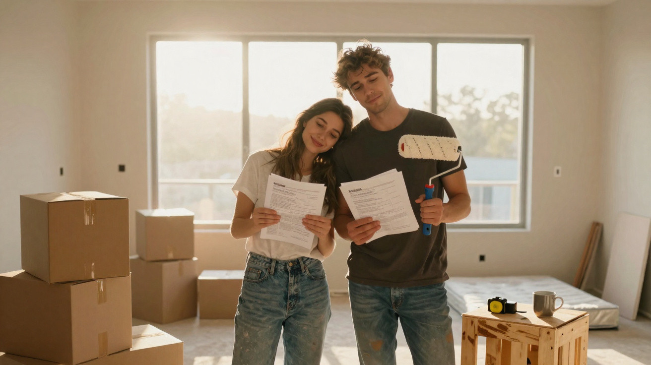 Casal jovem em casa nova, rodeado de caixas, lê documentos enquanto prepara as paredes para pintar.