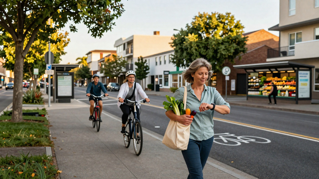 Mulher com saco de compras a olhar para o relógio, enquanto duas pessoas andam de bicicleta na ciclovia.