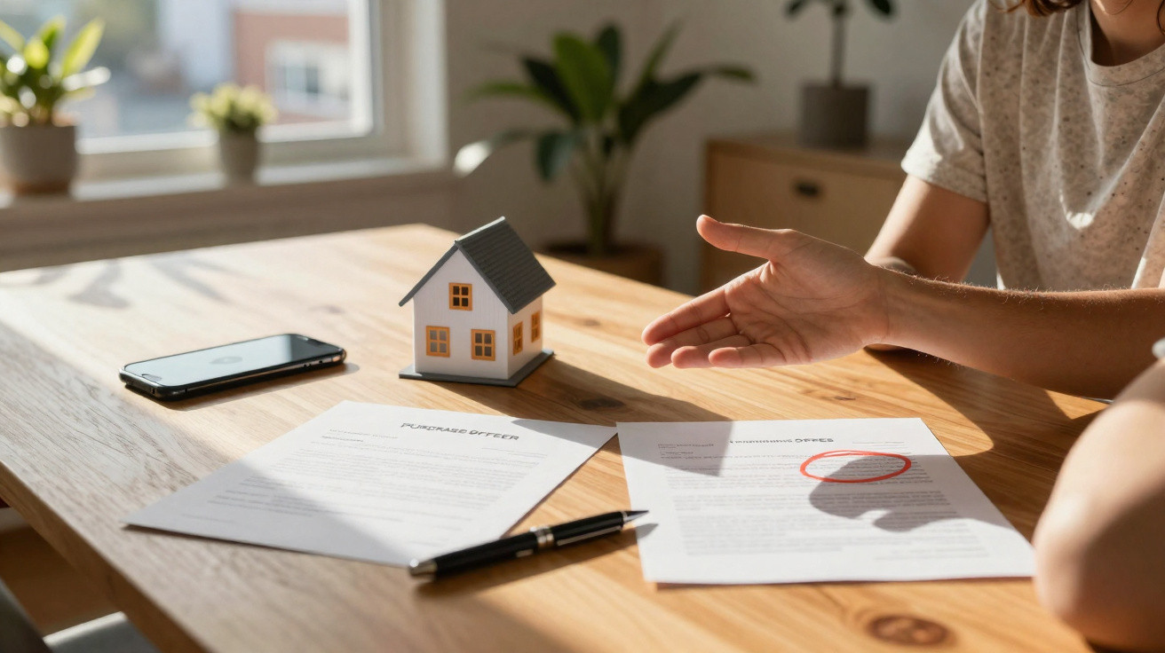 Mesa com documentos de oferta de compra, uma miniatura de casa, uma caneta, telemóvel e duas pessoas a discutir.