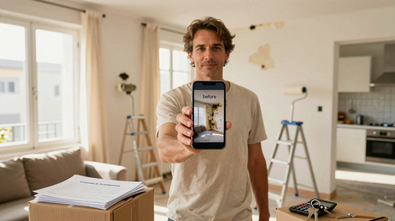 Homem mostra telemóvel com foto de parede danificada antes de renovação na sala iluminada.