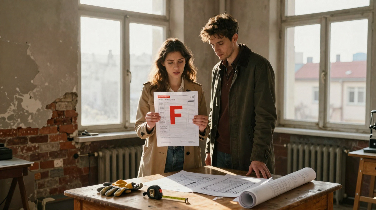 Casal preocupado analisa papel com nota F numa sala antiga com plantas de construção sobre a mesa.
