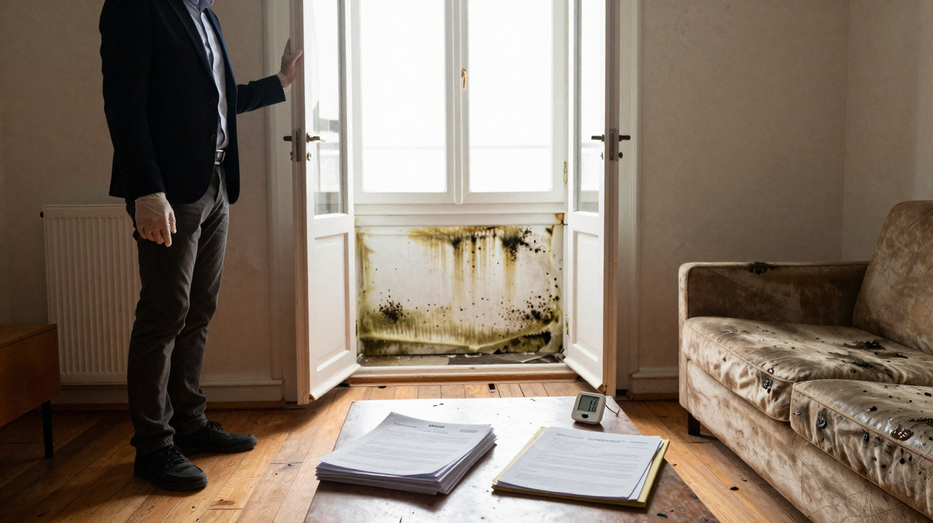 Homem olha para porta com mofo na parede numa sala com sofá sujo e mesa com documentos.