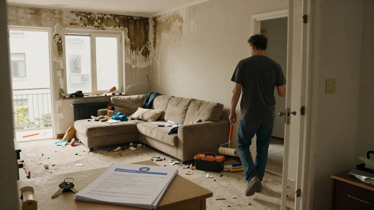Homem caminha numa sala em renovações com paredes danificadas e móveis desarrumados.