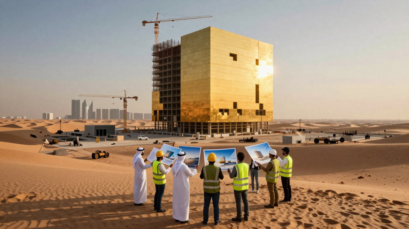 Engenheiros e arquitetos com coletes e capacetes analisam desenhos diante de um edifício dourado em construção no deserto.