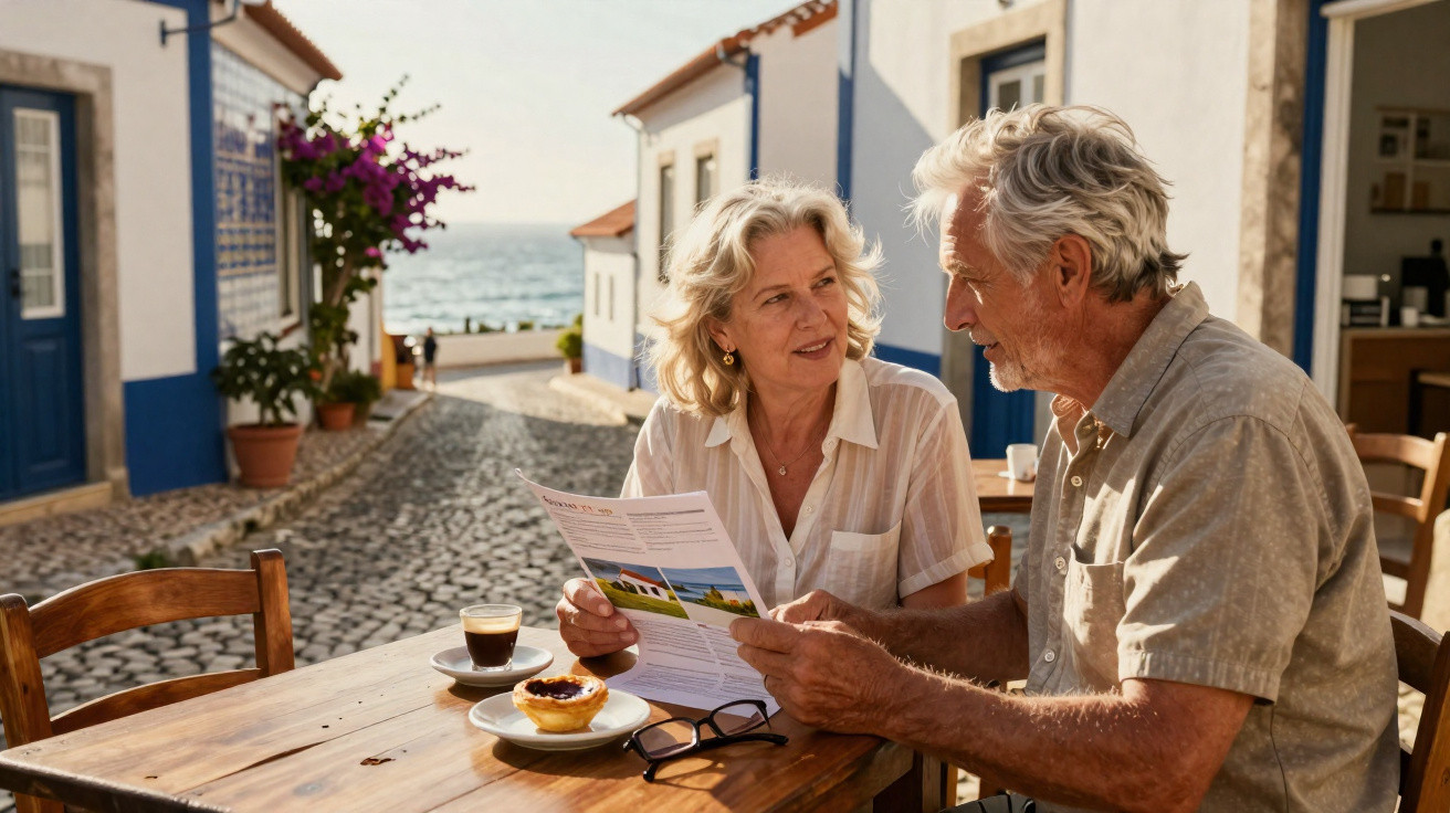 Casal sénior sentado numa esplanada com pastel de nata e café, a ler um folheto junto à rua coberta de calçada portuguesa.