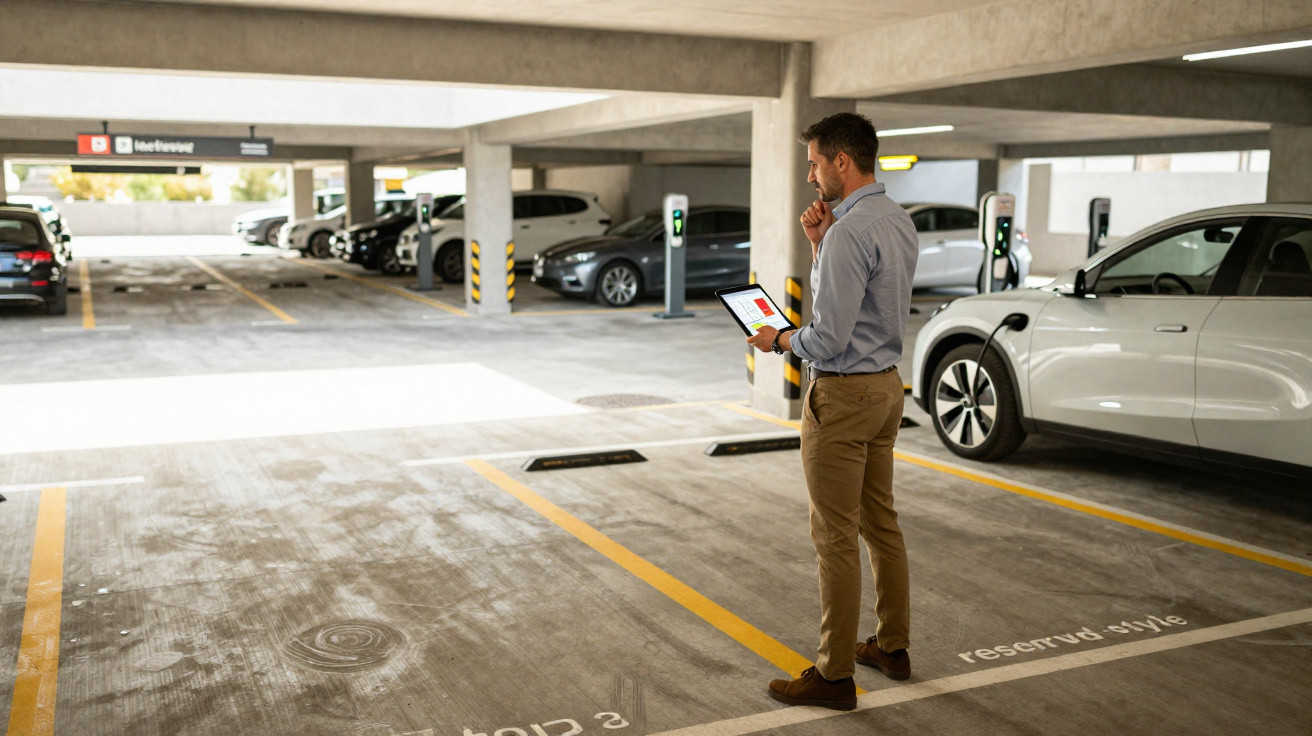 Homem a analisar números num tablet numa garagem com carros elétricos carregando nas estações.