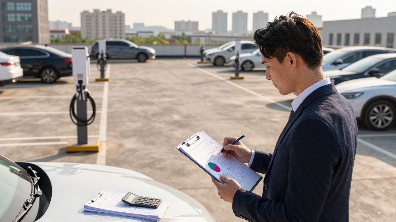 Homem de fato a fazer anotações em bloco de notas em estacionamento com carros elétricos e postos de carregamento.