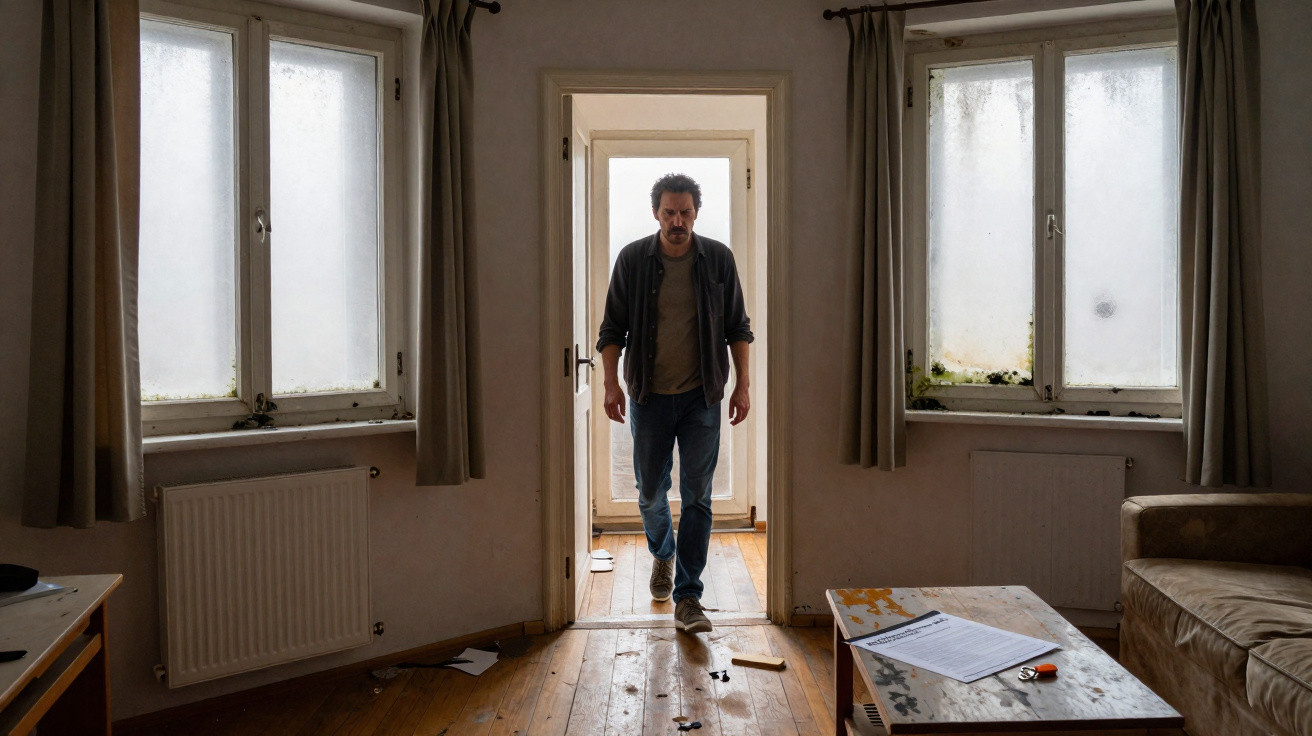 Homem com camisa azul e camisola castanha entra numa sala com janelas embaçadas e chão de madeira danificada.