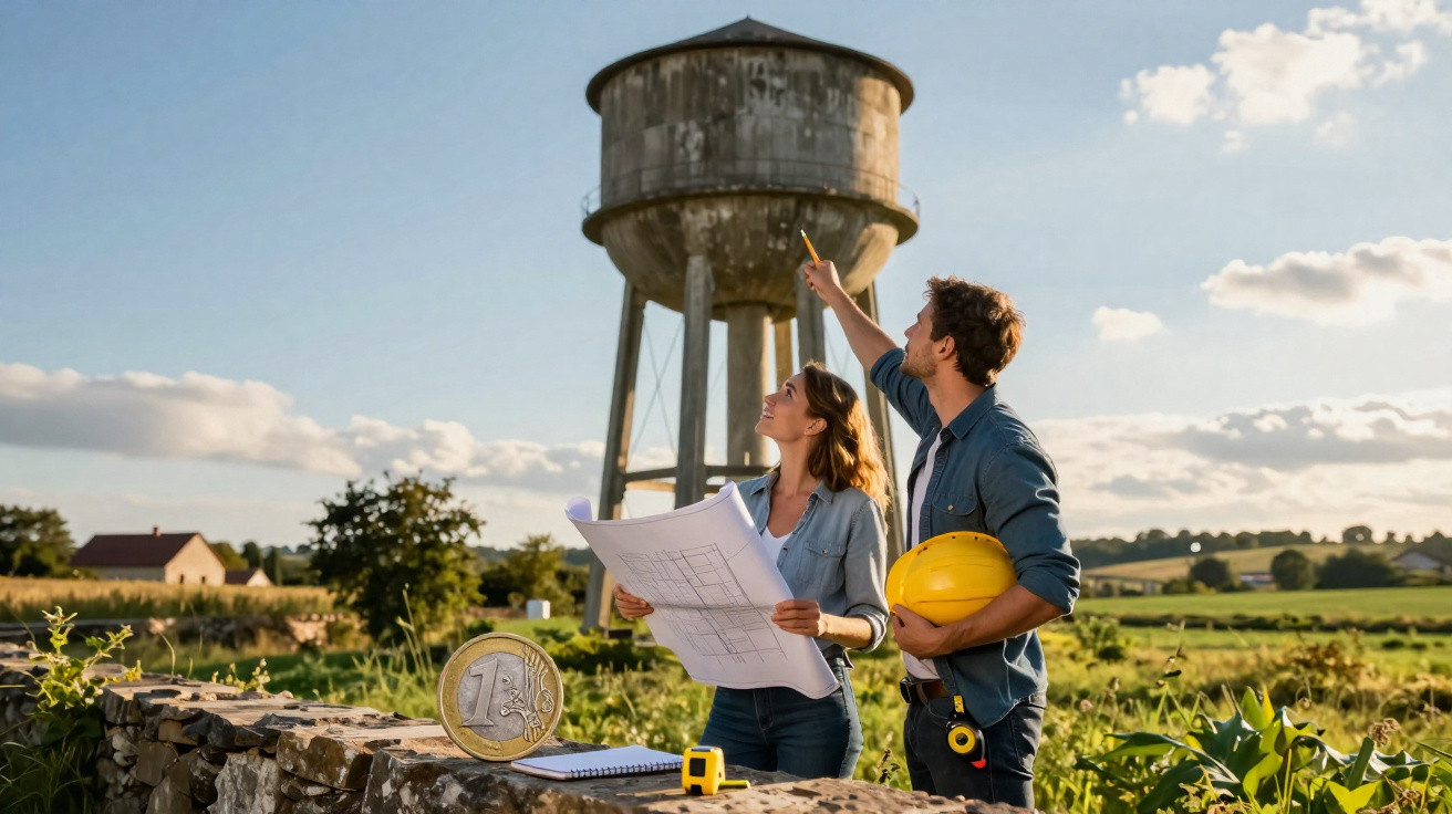 Casal de arquitetos com capacete amarelo e planta a analisar reservatório de água em campo rural ao pôr do sol.