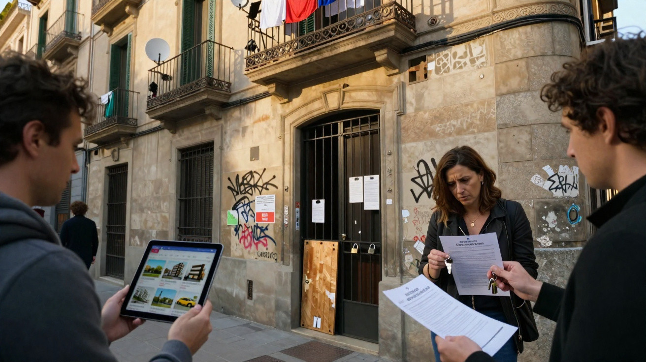 Personas na rua lendo documentos com um edifício antigo com graffiti ao fundo, numa cena urbana.