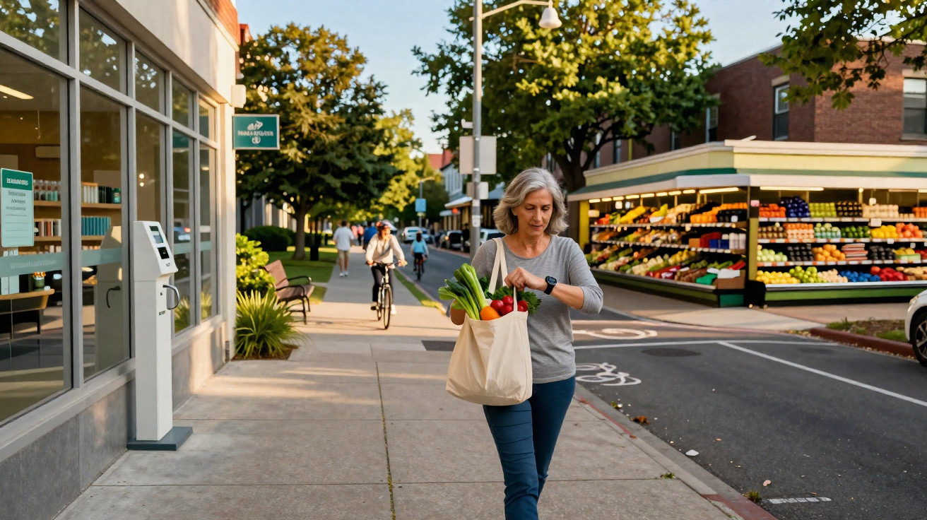 Mulher com saco de compras de legumes a olhar para o relógio numa rua com esplanada de frutas e banca de mercado.