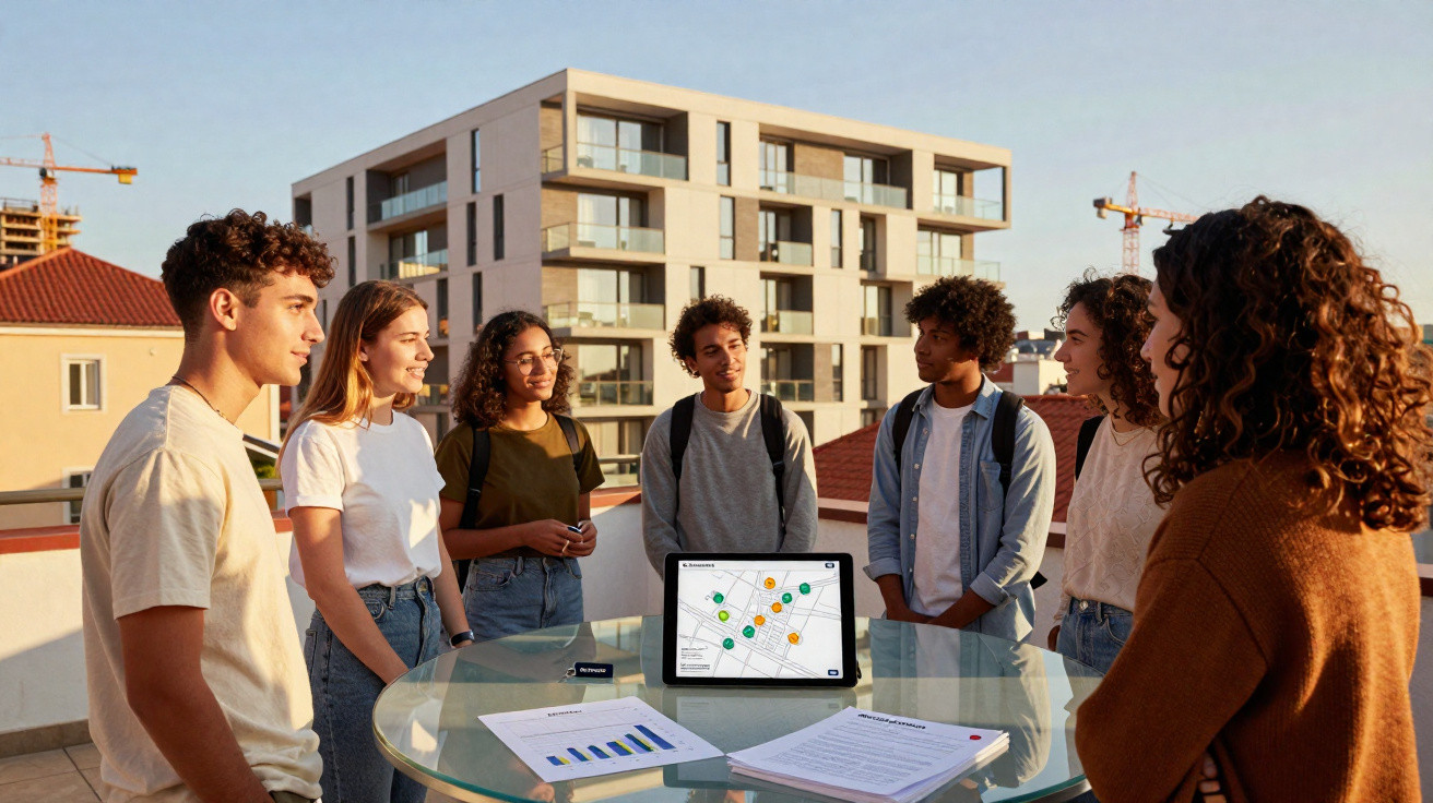 Grupo de jovens reunidos ao ar livre em volta de mesa com tablet e documentos, em ambiente urbano.