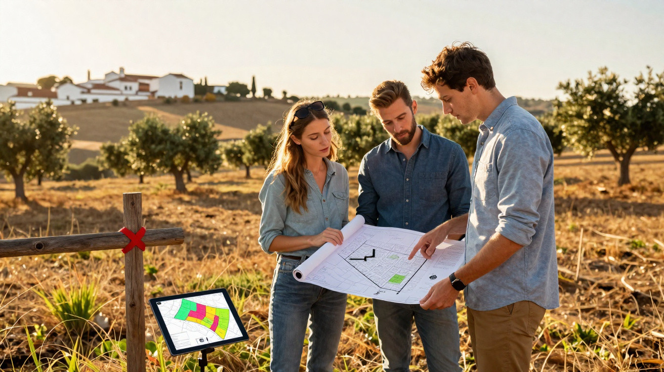 Três pessoas analisam planta de terreno num campo ao ar livre, com árvores e casa ao fundo.