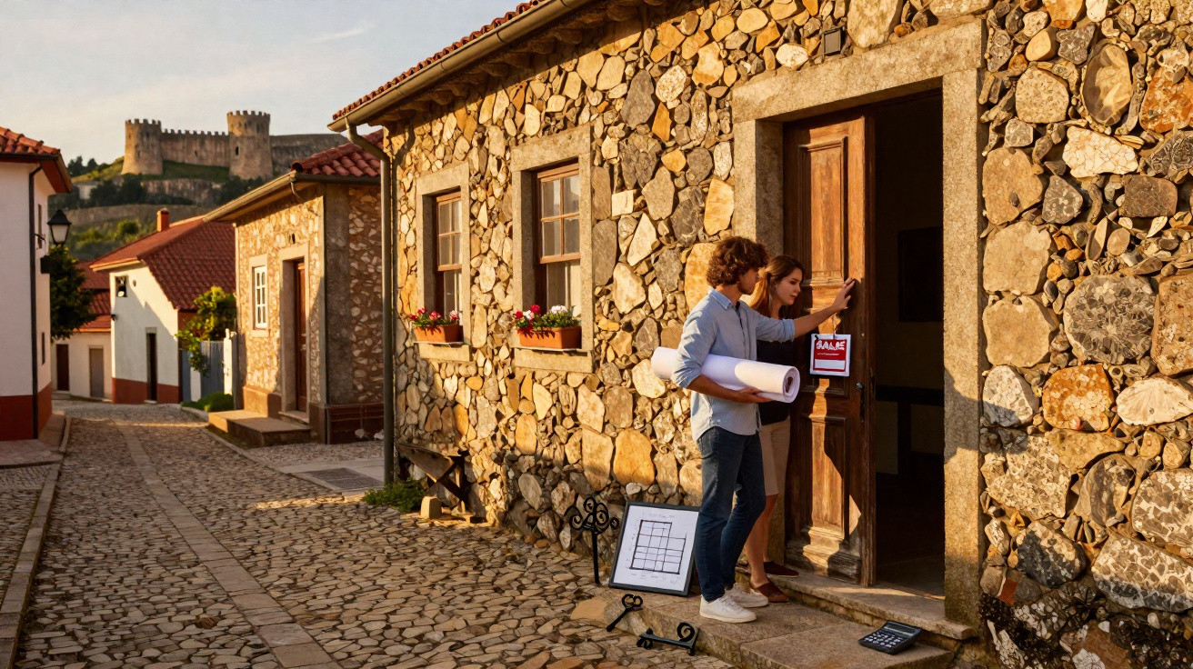 Casal jovem entra em casa de pedra para venda numa rua de calçada com castelo ao fundo ao entardecer.