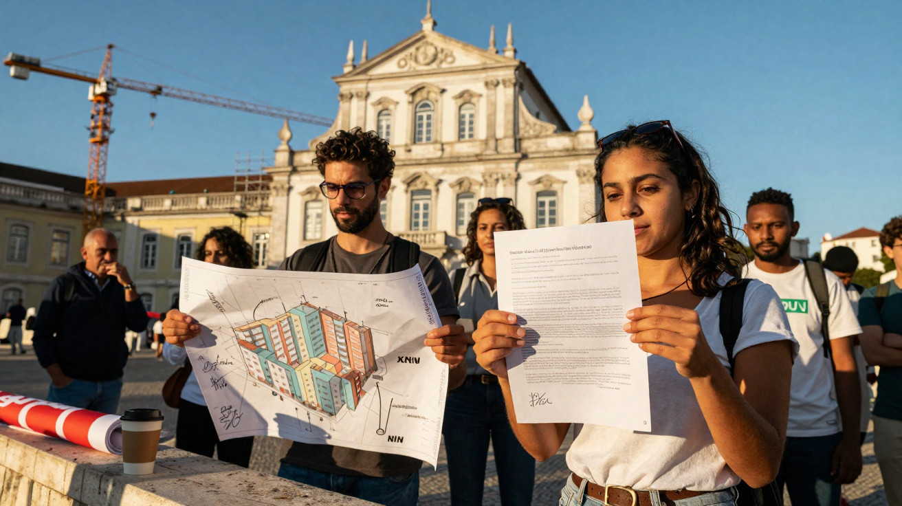 Pessoas seguram mapas e documentos num protesto frente a um edifício histórico ao pôr do sol.