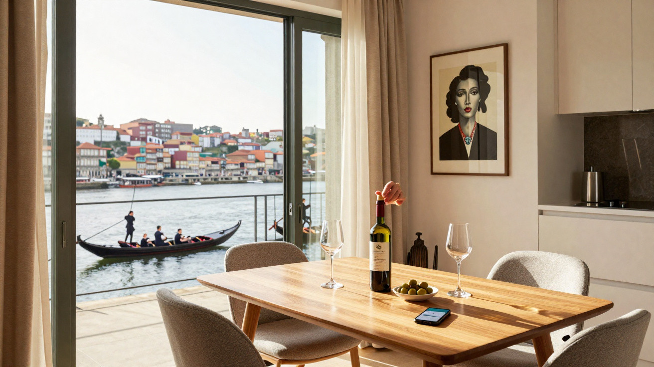 Sala de jantar moderna com mesa de madeira, garrafa de vinho, copos e vista para rio com gôndola e casas coloridas.