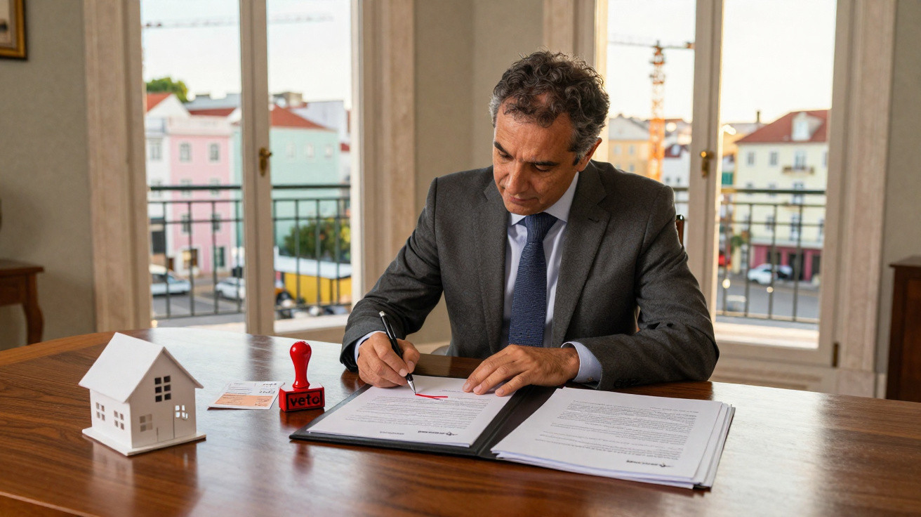 Homem de fato cinzento assinado documentos numa mesa de madeira com carimbo vermelho de veto ao lado.