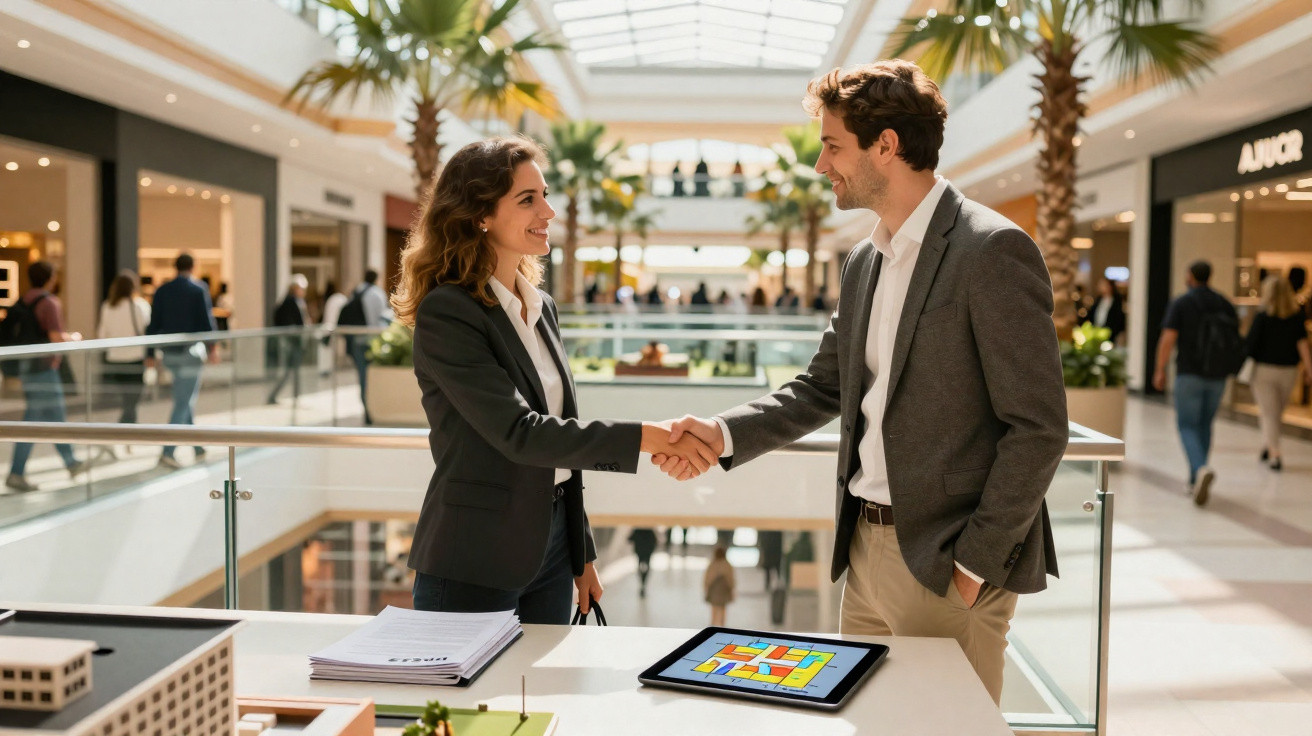 Duas pessoas em roupa formal apertam as mãos num ambiente moderno e luminoso de centros comerciais.