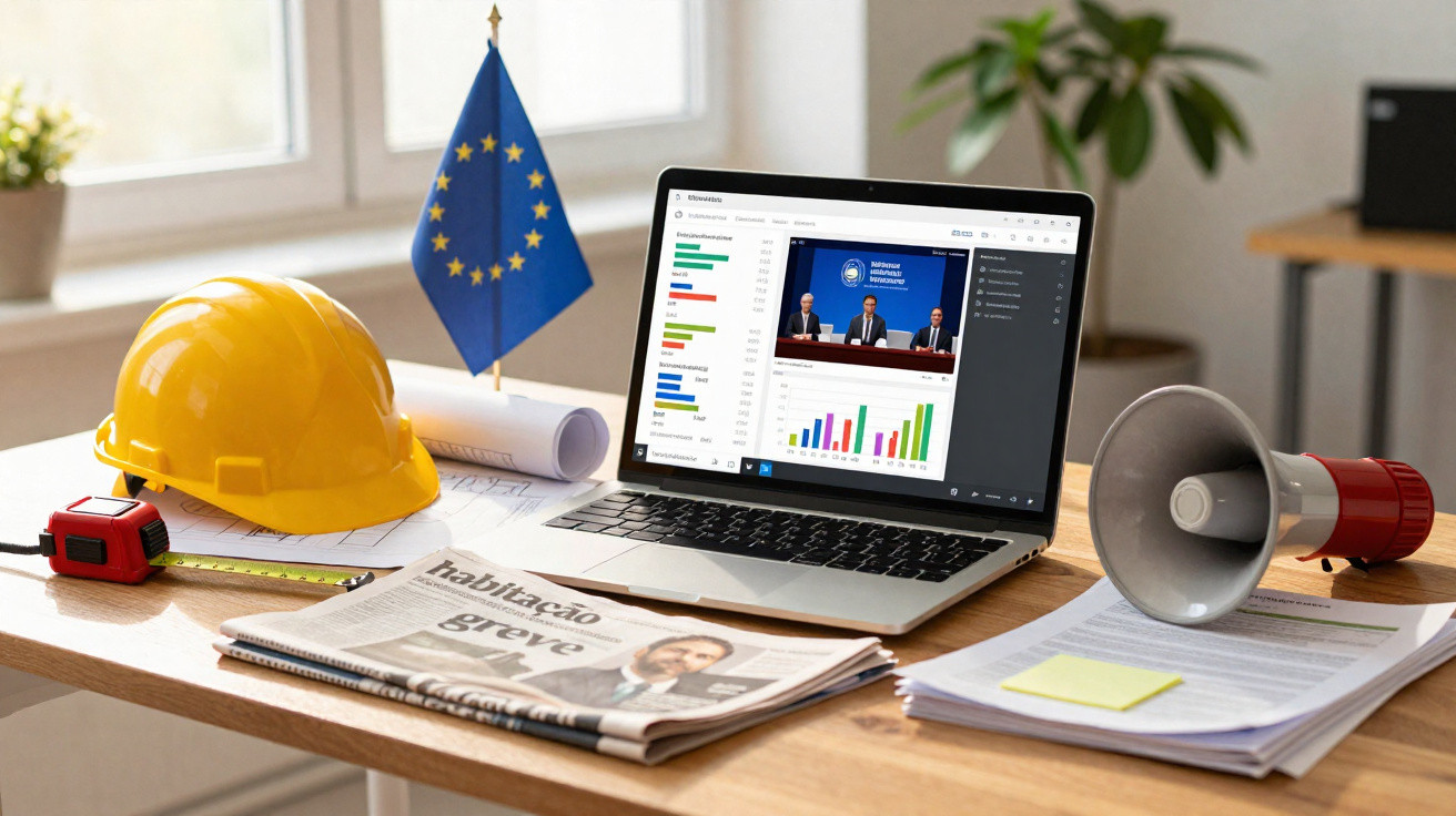 Mesa com capacete amarelo, bandeira da UE, computador portátil com gráficos, megafone e jornais.