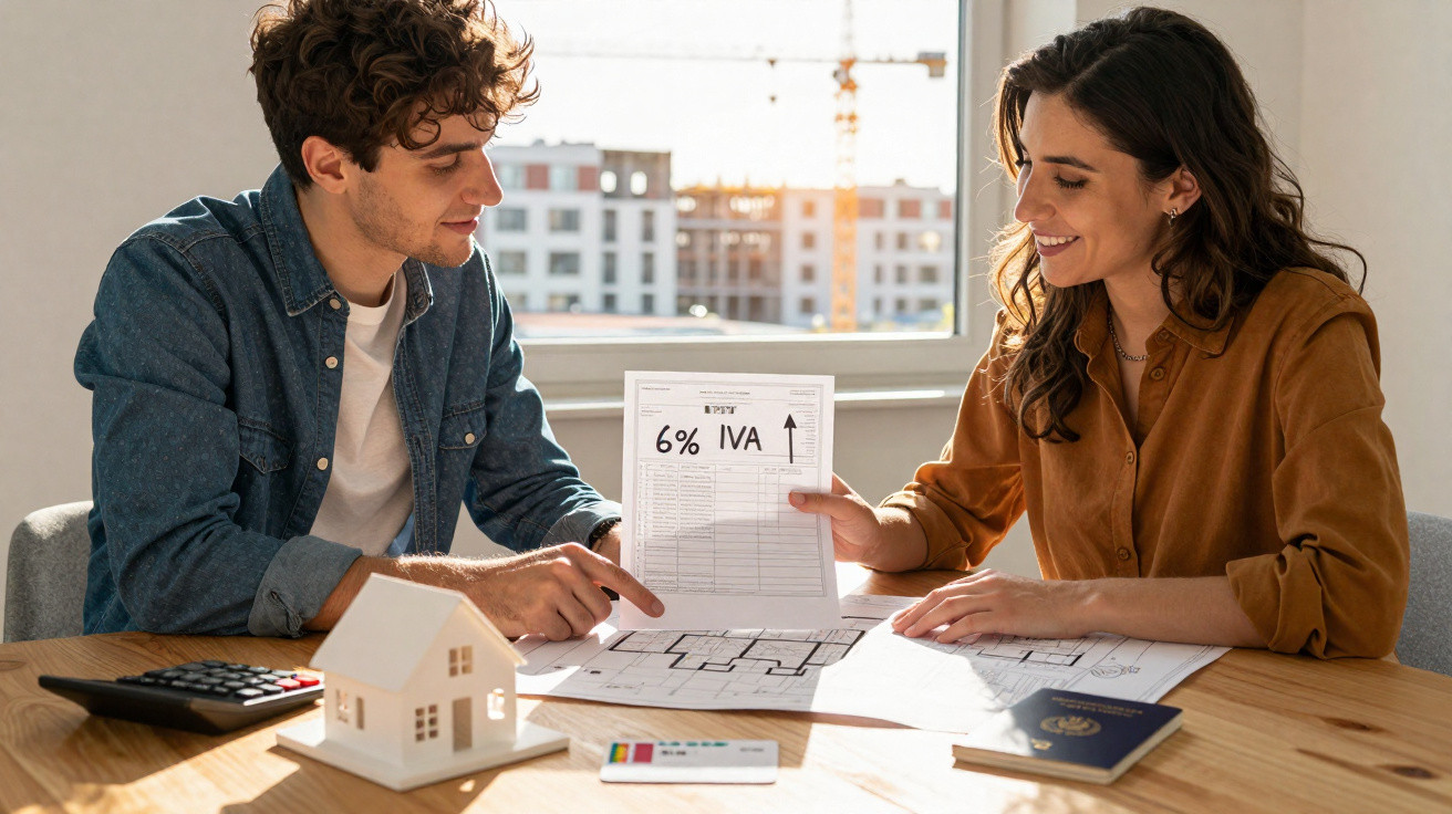 Casal a analisar documentos e planta de casa com modelo de miniatura e calculadora numa mesa iluminada.