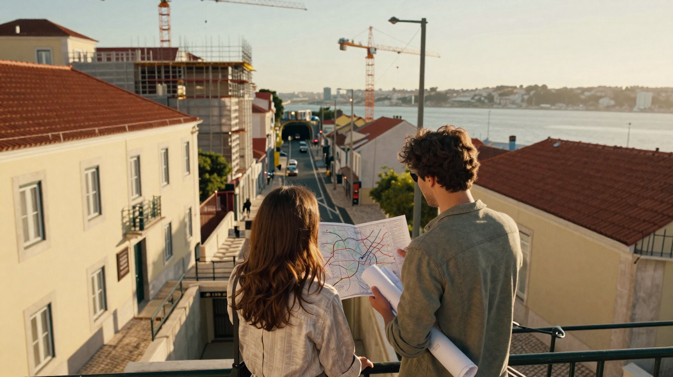 Casal a observar mapa numa rua urbana com vista para o rio ao pôr do sol.