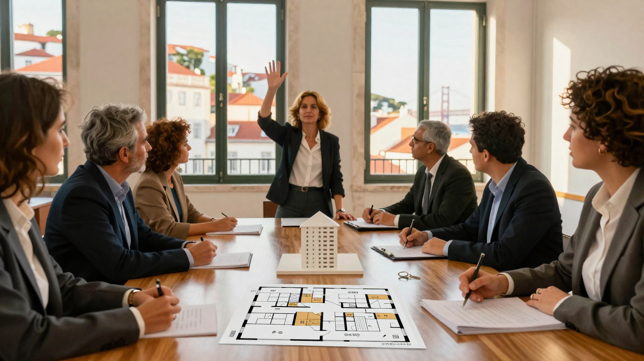 Reunião de arquitetos em escritório discutindo projeto com planta e maquete de edifício numa mesa.
