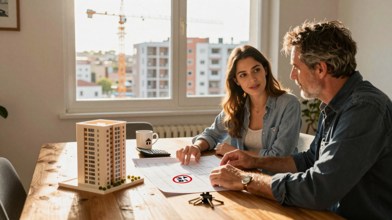 Duas pessoas a discutir plantas de construção numa mesa com maquete de edifício e janelas ao fundo.