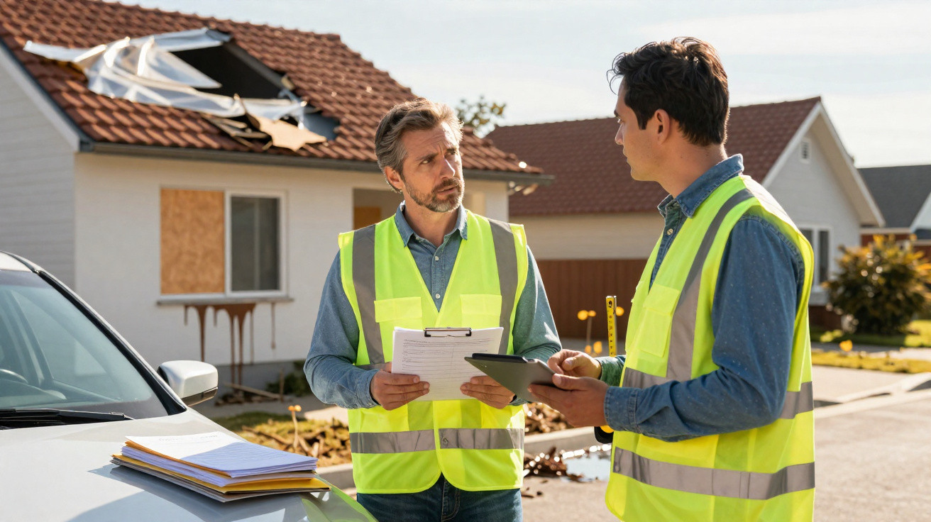 Dois trabalhadores de construção com coletes refletores discutem perto de casa danificada pelo telhado rasgado.