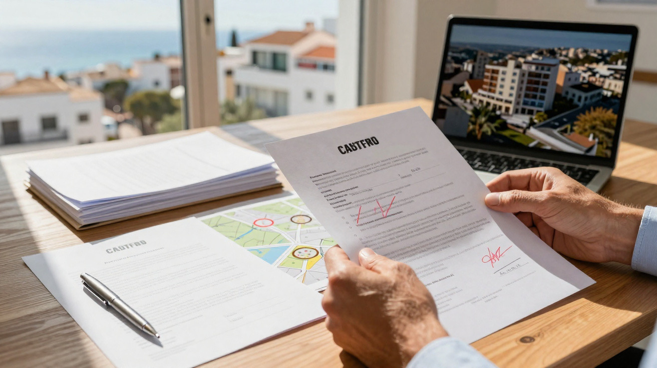 Mãos seguram documentos com planos imobiliários numa mesa de madeira, laptop mostra imagem de edifício.