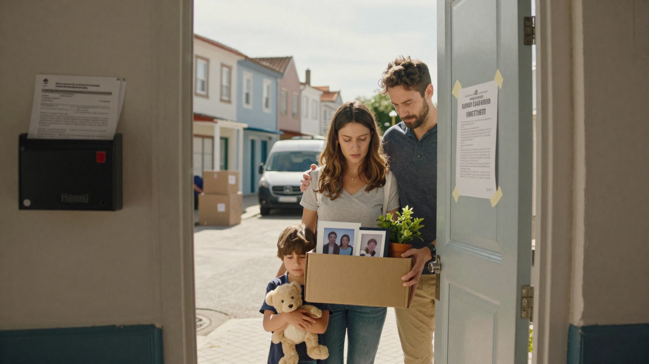 Família triste com poucos pertences numa caixa, deixando uma casa numa rua residencial.