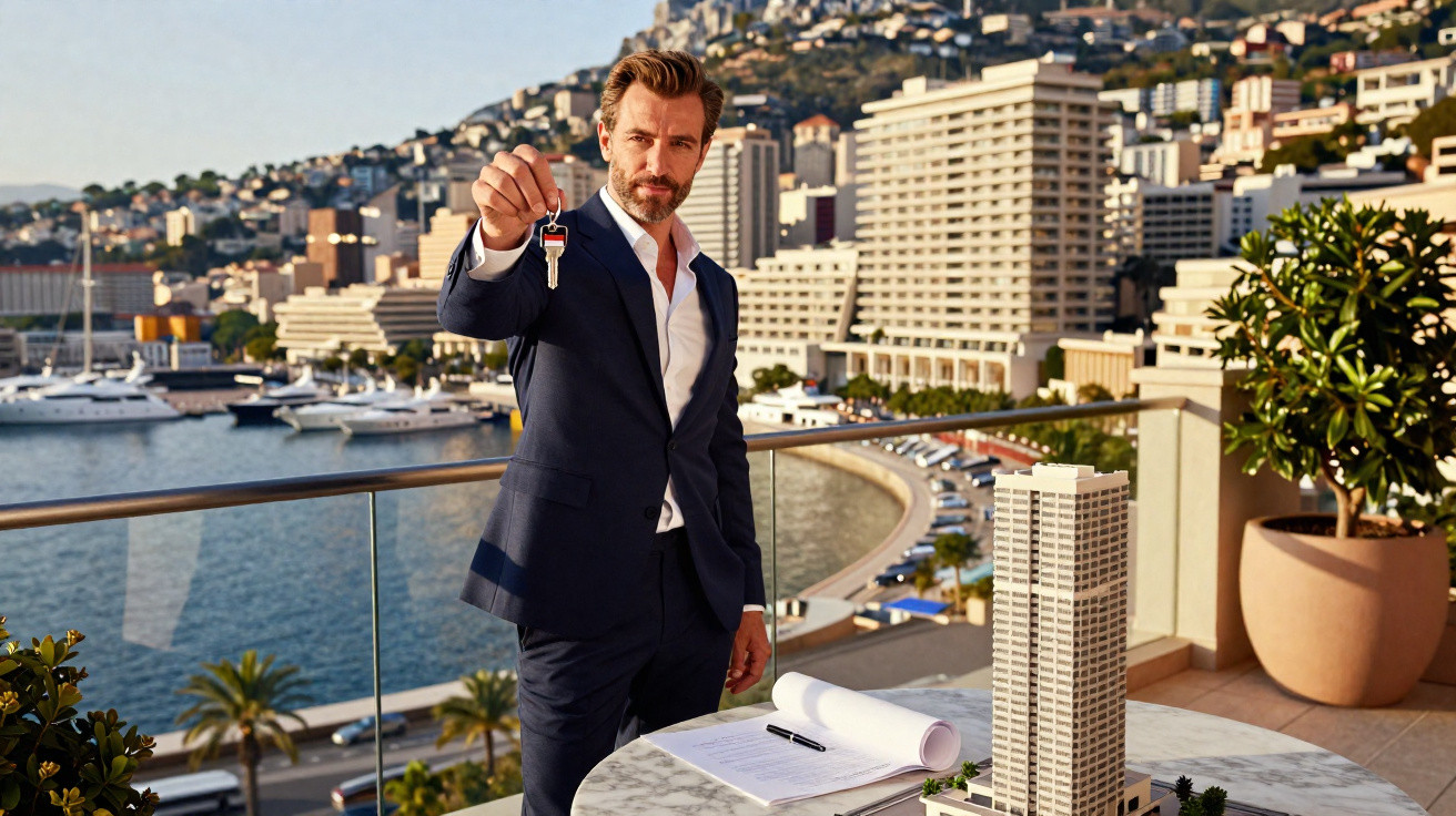 Homem de fato segura chave mostrando construção em miniatura numa varanda com vista para marina e cidade.
