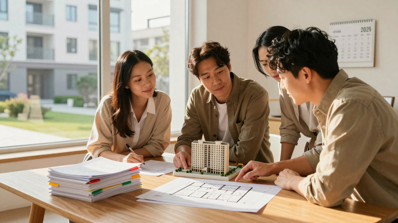 Grupo de quatro pessoas a analisar planta e maquete de prédio num escritório moderno com janela ampla.