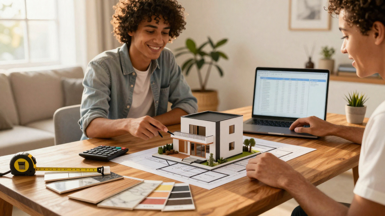 Duas pessoas a discutir planta de casa com modelo 3D, amostras de cores e computador num ambiente moderno.