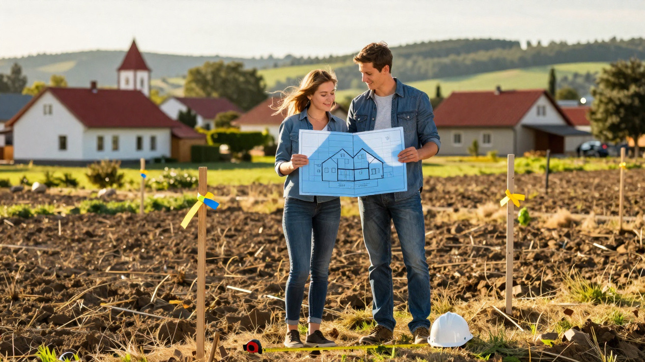 Casal jovem com plantas de casa na mão, a planear construção em terreno vazio em zona rural.
