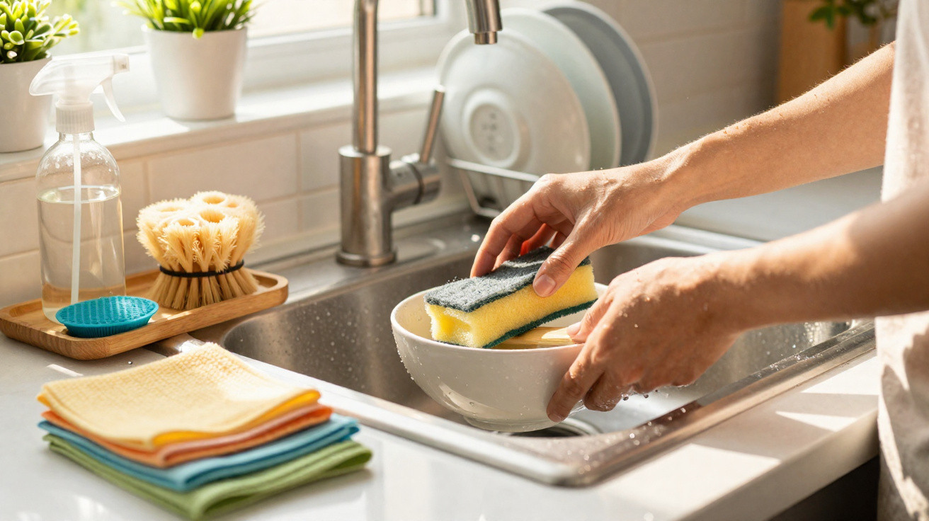 Mãos a lavar uma tigela branca numa pia de cozinha com utensílios e panos coloridos ao lado.