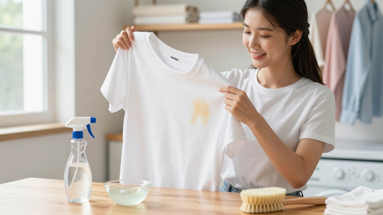 Mulher a mostrar t-shirt branca com nódoa, ao lado de produtos e utensílios para lavar roupa numa cozinha.